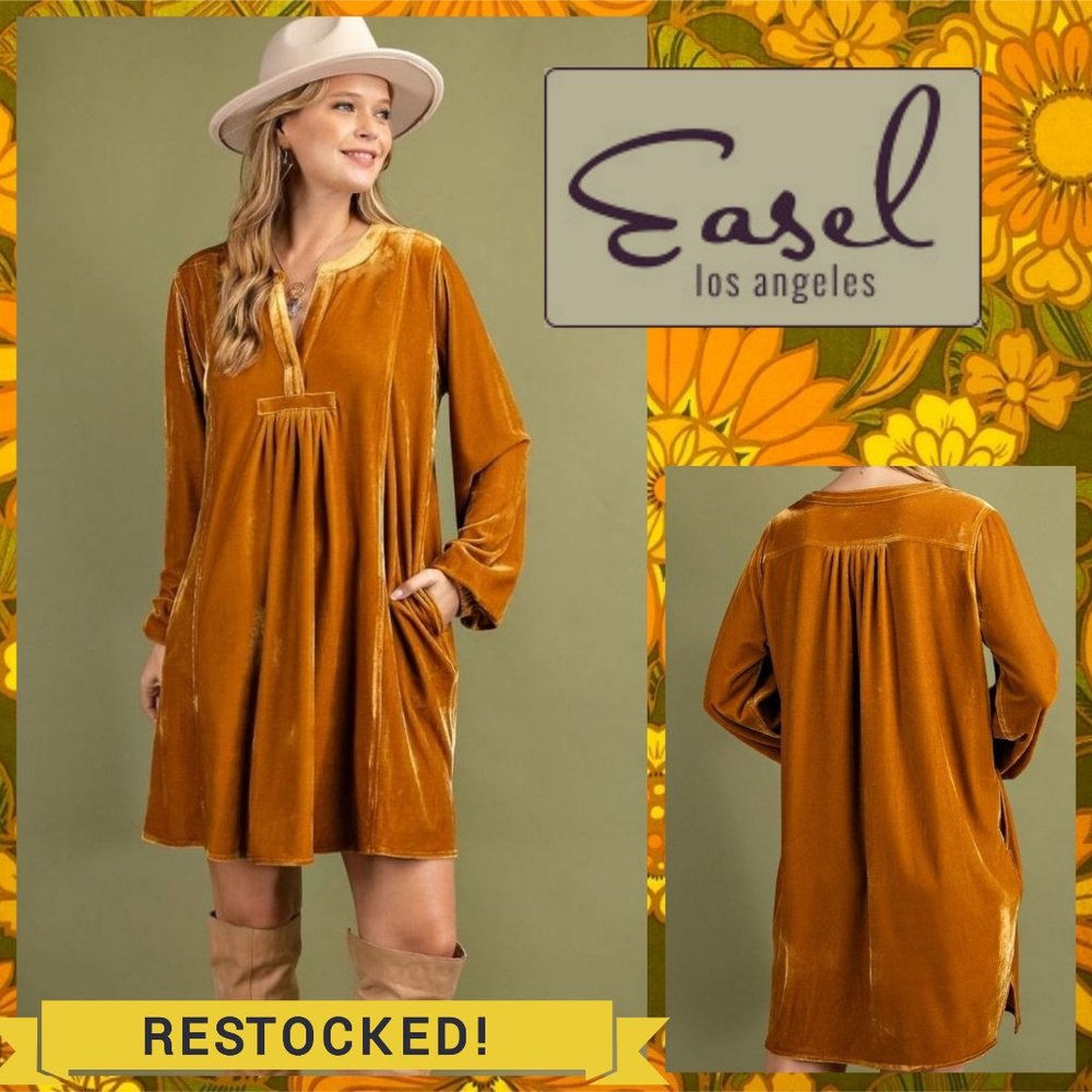 EASEL Long Sleeve Luxury Soft Velvet V-Neck Dress With Balloon Sleeve & Pockets